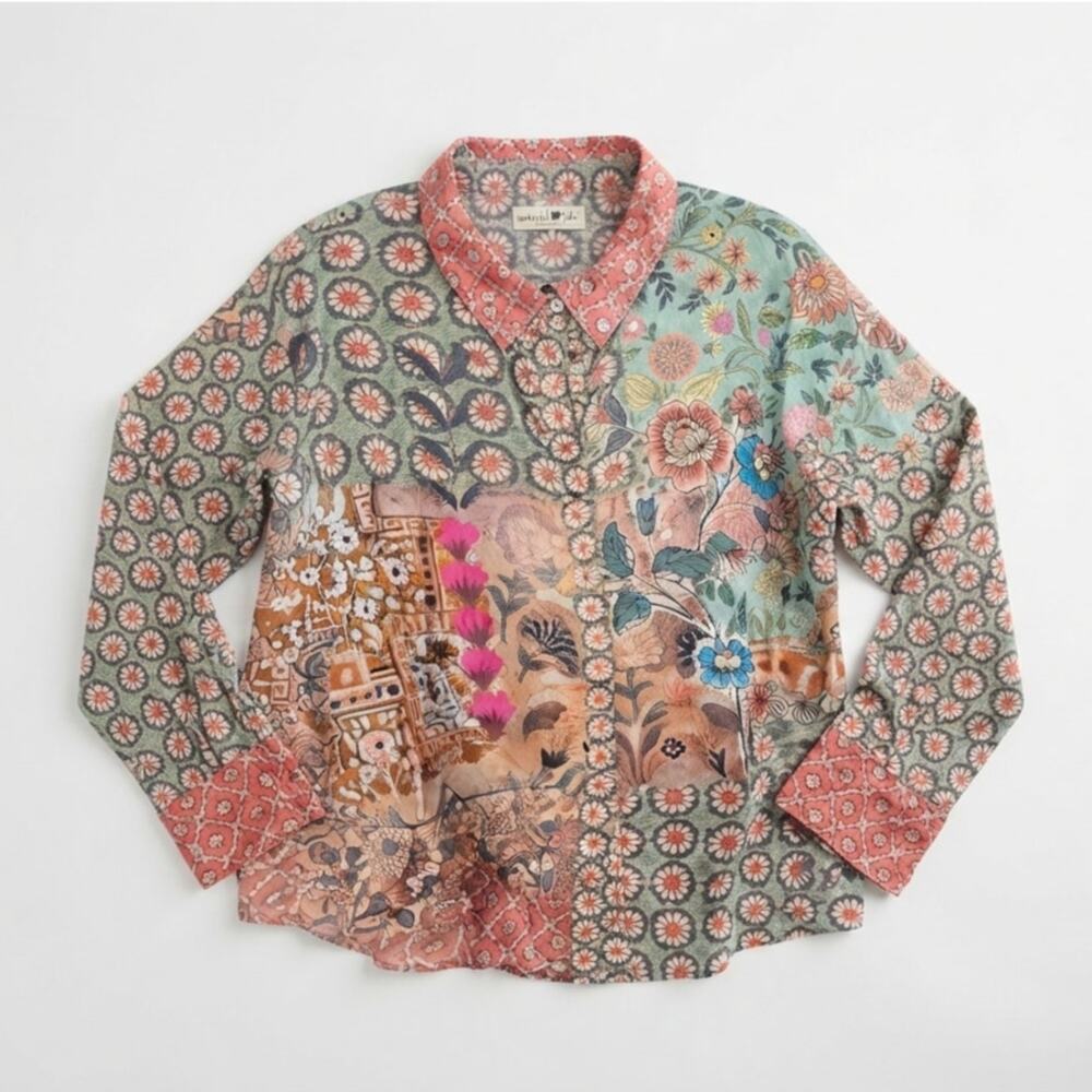 Natural Life XL Button Up Boho Cotton Top Shirt Floral Cottage Whimsygoth